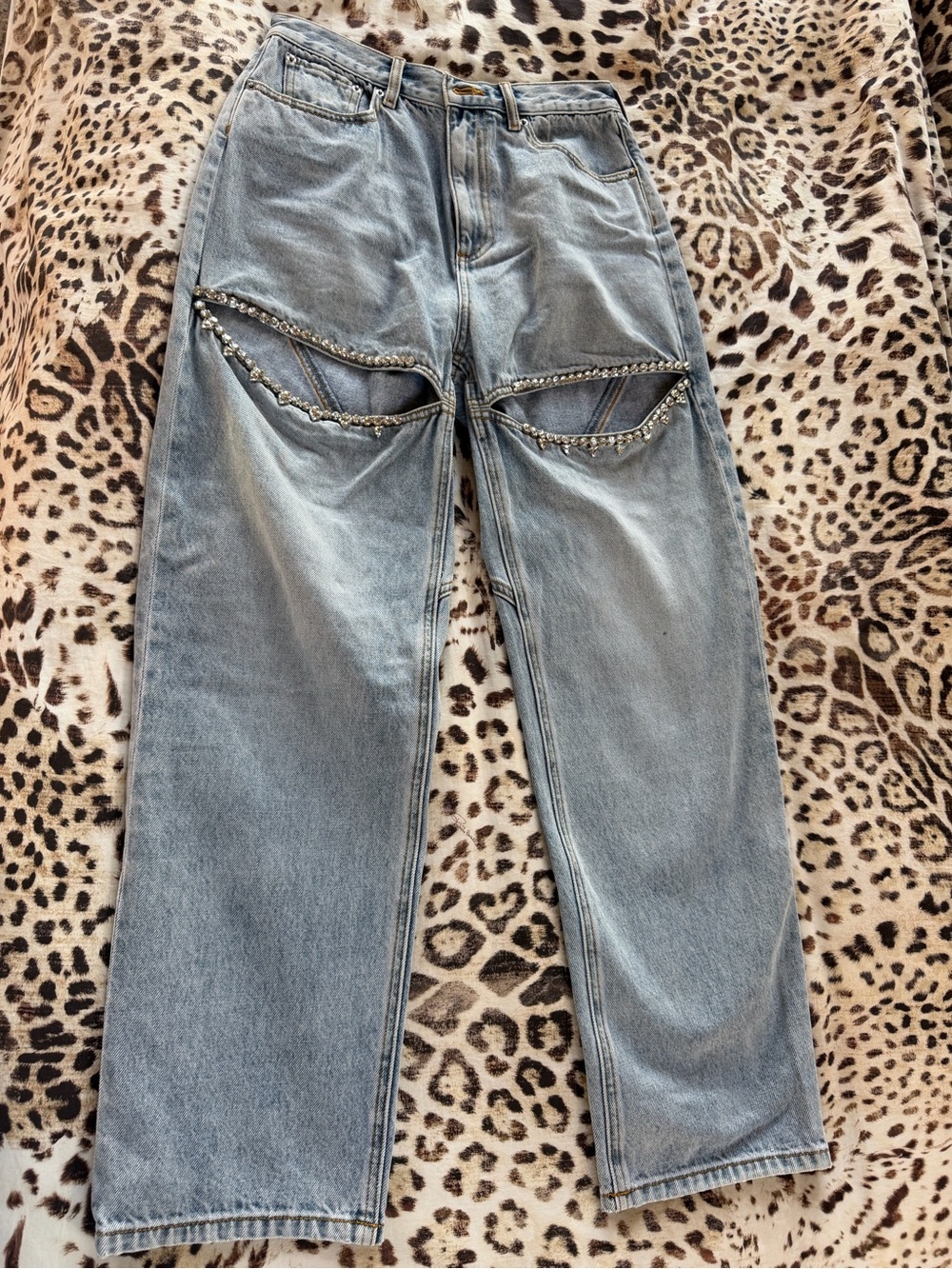 AREA Light Blue women’s Jeans with Decorative Cutouts and Stud Trim